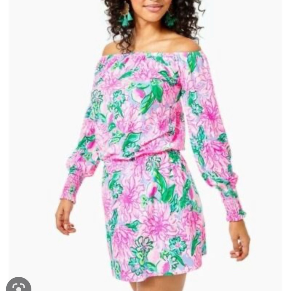 NWT Lilly Pulitzer Pink Blossom Try Your Zest Off the shoulder Lana Romper sz L